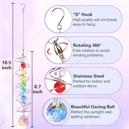GWAHSA Suncatcher Wind Spinner Gazing Ball Spiral Tail, Crystal Sun Catchers with Seven Chakra Beads Window Hanging for Indoor Home Outdoor Garden Decor Wedding Birthday Party Gifts for Girl Women Mom - Image 2