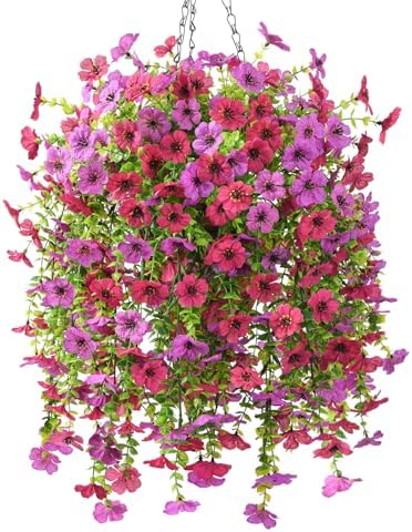 INQCMY Artificial Hanging Flowers with Basket for Spring Outdoor Decoration 3 Bunches of Silk Daisy Flower Uv Resistant for Garden Porch Patio Balcony Yard Decor (Purple Red) by INQCMYPlantRack