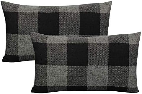 VAKADO 12x20 Inch Pack of 2 Farmhouse Retro Check Plaids Lumbar Throw Pillow Covers Decorative Rectangle Cushion Cases for Sofa Couch Car, Black Grey/Gray by VAKADO