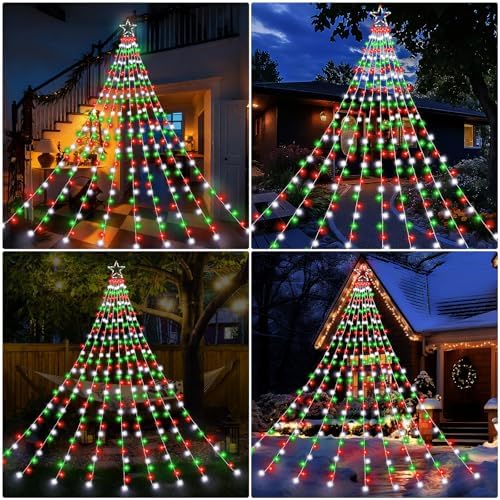 Christmas Decoration Lights, Outdoor Christmas String Lights 320 LED 11.5 Ft Waterfall Tree Light with Big Star Topper 8 Light Modes for Xmas New Year Holiday Garden Yard Indoor Outdoor Decor - Image 6