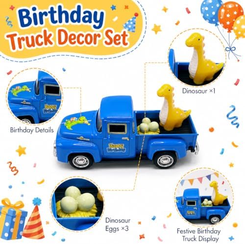 Mini Vintage Metal Birthday Truck with Dinosaur and Eggs, Blue Happy Birthday Pickup Truck Tabletop Decoration, Dinosaur Birthday Party Centerpiece and Decorative Gift for Boys and Dinosaur Fans - Image 6