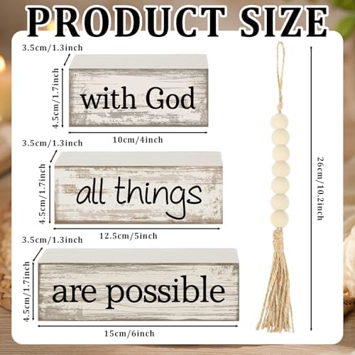 Yuntau 4 Pcs Farmhouse Christian Table Decor with Beads Tassel Block Sign - Image 3