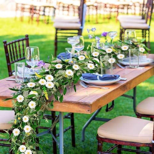 6 Ft White Flower Garland Artificial Summer Spring Faux Daisy Wildflower Floral Garland Spring Wreath for Wedding Arch Porch Stair Table Indoor Door Home All Year Decoration - Image 5