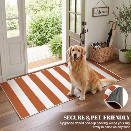 Orange White Striped Outdoor Rug 2 x 4.3 Ft, Front Door Layering Mat - Image 3