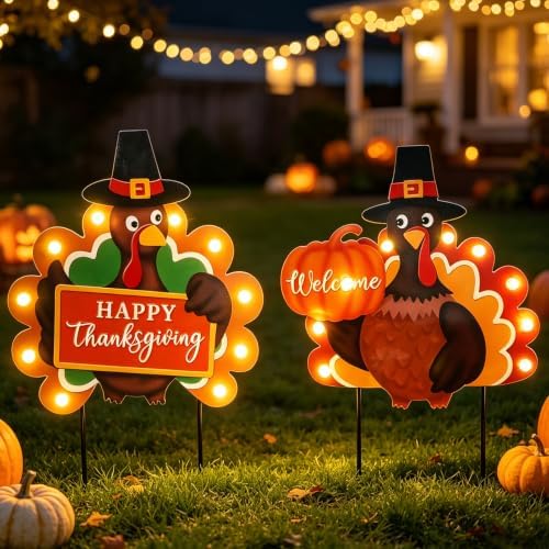 MUMTOP Thanksgiving Turkey Metal Garden Deocr Stake with LED Light Set of 2 by MUMTOP