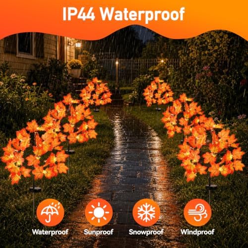 Fall Decorations Outdoor Solar Lights, 2Pcs Thanksgiving Lights 40LED 80 Maple Leaves Stake Light Waterproof 8 Lighting Modes for Autumn Patio Garden Yard Outside Halloween Thanksgiving Decorations - Image 4