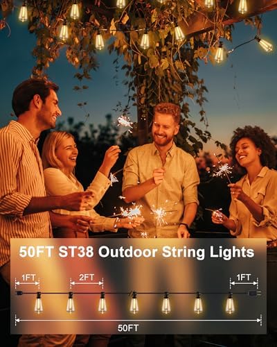 Patio String Lights 50FT LED, IP65 Waterproof ST38 Connectable Dimmable - Image 2