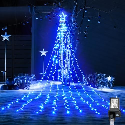 BlcTec Outdoor Christmas Decorations 317 LEDs Christmas Lights with 9 Strands 11.9ft Waterfall Christmas Tree Lights, 8 Modes, UL Certified, Waterproof, Topper Star & Timer for Yard Patio Décor, Blue by BlcTec