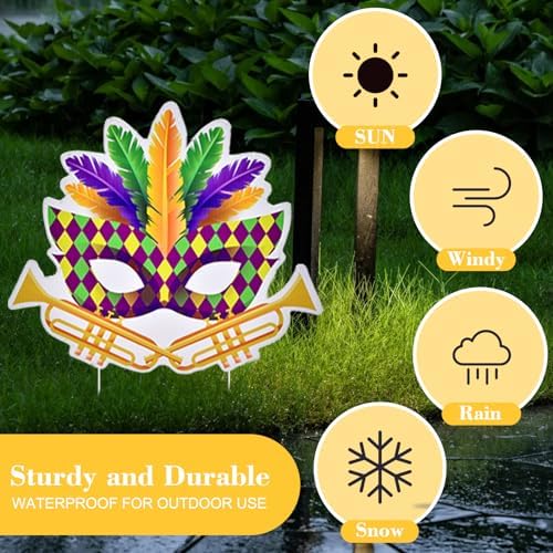 10 Pieces Mardi Gras Decorations Outdoor Yard Garden Porch Sign - Large Festive Mask, Jester, Crown, Drum, and Hat Masquerade Design Signs with Stakes for Outside Carnival Patio Pathway Lawn Decor - Image 4