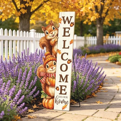 Fall Welcome Sign for Front Door 42" Autumn Squirrel Vertical Large Rustic Porch Decor, Outdoor Patio Garden Thanksgiving Ornament for Home Farmhouse Entryway - Image 6