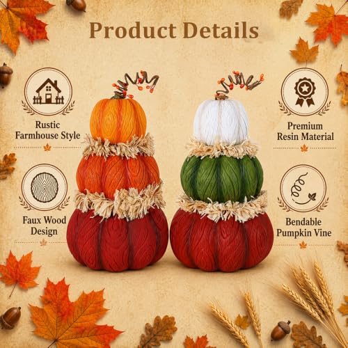 MEETYAMOR Fall Pumpkin Decor, 2 PCS 7.5in Resin Pumpkin Figurines for Fall Decor, Stacked Knit Textured Pumpkins Fall Decorations for Home, Shelf, Table Centerpieces, Autumn, Thanksgiving Decor - Image 3