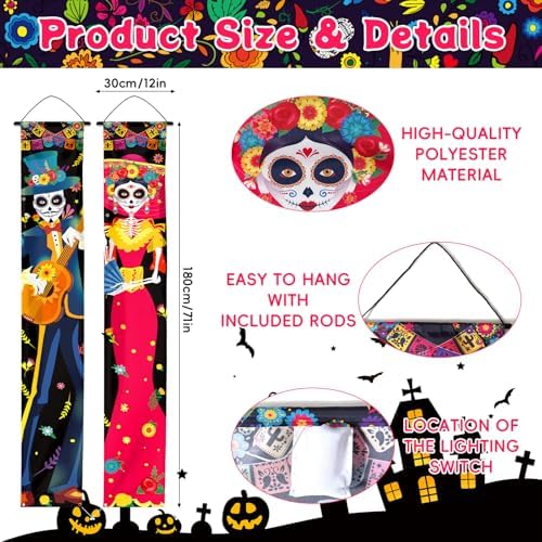 71 x 12 Inch Lighted Day of the Dead Dia de los Muertos Door Banner Decor - Image 2