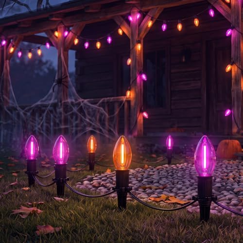 19.5Ft 10 LED C9 Orange and Purple Halloween Pathway Stakes Lights Outdoor by Goothy