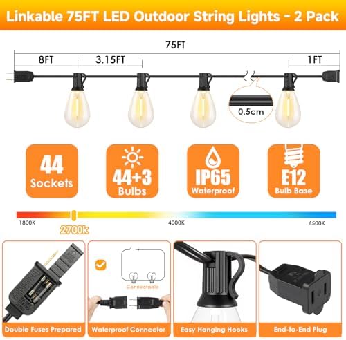 Larkvue 150FT(2x75FT) LED Outdoor String Lights, 44+3 S11 Bulbs, Black - Image 4