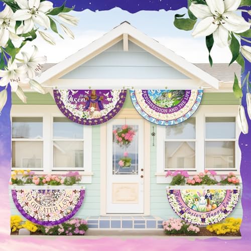 6 Pcs Easter Bunting Flag He Is Risen Bunting Banner Happy Easter Garden Fan Flag Bunny Religious Cross Decoration for Holiday Indoor Outdoor Yard Porch Decor, 1.5 x 3 ft - Image 6