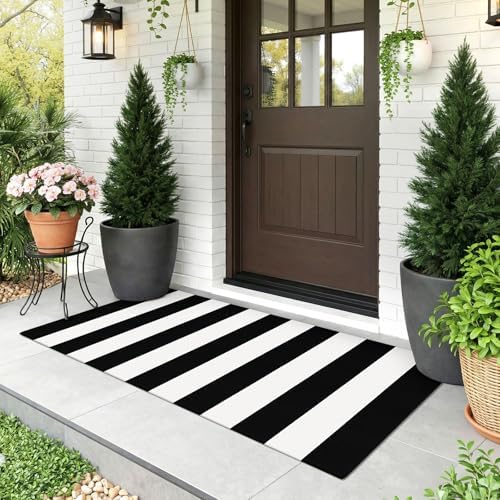 KOZYFLY Black and White Striped Runner Rug 2x4.3 ft Mat Woven Cotton Rug by KOZYFLY