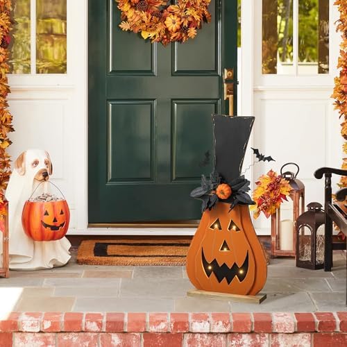 Glitzhome 29.5"H Lighted Wooden Jack-O-Lantern Porch Decor, Farmhouse Halloween Pumpkin Yard Sign With Floral Timer, Rustic Style Sign With Wood Base for Home Party Decor by Glitzhome