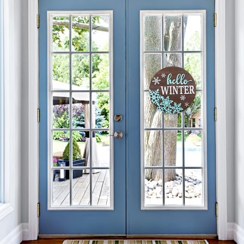 JarThenaAMCS Hello Winter Snowflake Welcome Door Sign 3D Wooden Hanging Sign White Blue Front Door Hanger for Xmas Indoor Outdoor Farmhouse Home Porch Window Decor - Image 5