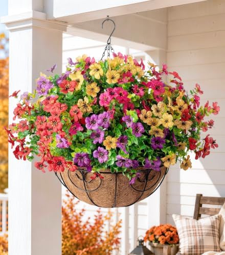 HyeFlora Artificial Faux Hanging Plants Flowers Basket for Summer Outdoor Outside Decoration, Fake Silk UV Sun Resistant Look Real Colorful Daisy Eucalyptus for Porch Home Patio Balcony Yard - Image 2