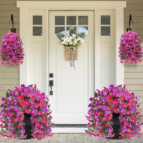 Artificial Fake Hanging Flowers Plants for Outdoor Outside Spring Summer Decoration 2PCS Faux Silk UV Resistant Realistic Morning Glory Trailing Vines for Home Porch Patio Balcony(Rose red & Magenta) - Image 2