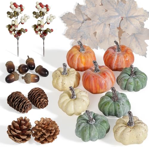 Artmag 25 PCS Pumpkin Decor Set, Artificial Pumpkins Fall Decor for Halloween Thanksgiving Decorations with Acorns, Pinecones, Berries, Maple Leaves for Home Table by Artmag