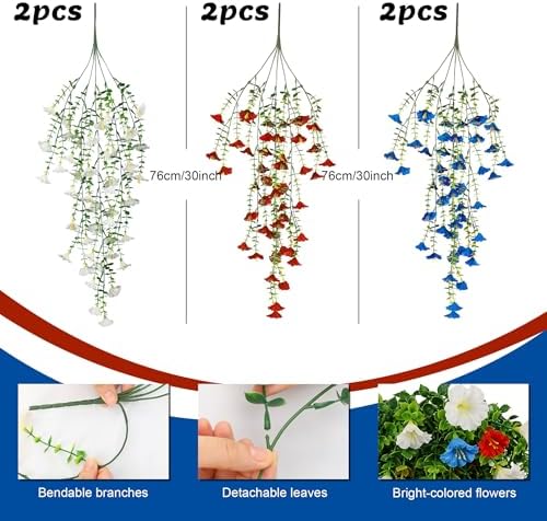 6 Pcs Artificial Hanging Morning Glory Flowers, Red White and Blue Patriotic Hanging Plants, 30 Inch Independence Day Decorations for Outside Porch Patio Outdoor Home Decor - Image 2
