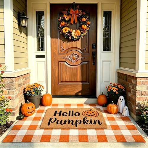 Fall Decor Halloween Layered Front Doormat Set, Hello Natural Coco Coir Door Mat + 3'x5' Orange White Buffalo Plaid Rug, Non-Slip Porch Rug Outdoor Entryway Decor for Front Porch, Patio - Image 3
