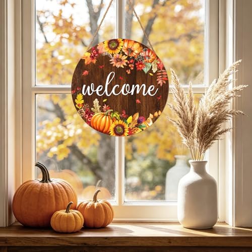 Fall Pumpkin Sunflower Front Door Welcome Hanger 12"x12" - Autumn Thanksgiving Farmhouse Decorations - Rustic Outdoor Hanging Plaque Wall Art for Home Porch - Image 5