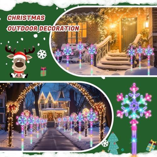 Retisee 10 Pack Snowflake Christmas Lights for Pathway Markers Lights Outdoor 27'' Peppermint Snowflake Pathway Decorations with Bows for Holiday Yard Lawn Walkway(Colorful) - Image 5