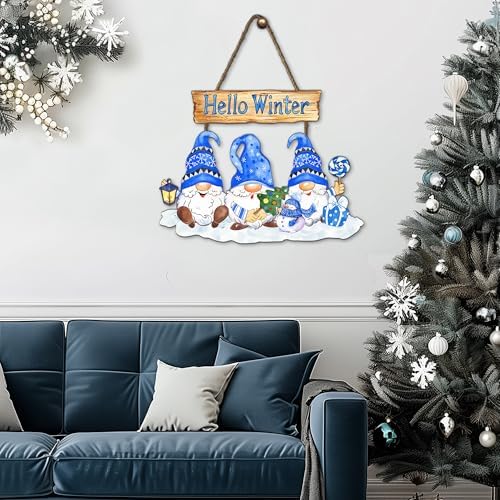Hello Winter Sign Wreath 10.2x13.8in Gnome Welcome Sign for Front Door Decor Winte Wooden Door Hanging Plaque Sign Christmas Winter Holiday Decorations for Home Window Wall Indoor Outdoor - Image 3