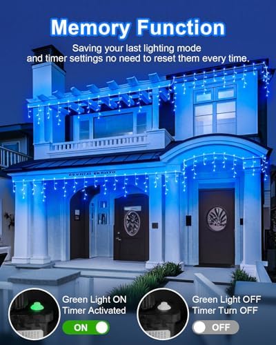 Christmas Lights Outdoor, 53 FT 486 LED Christmas Lights for Outside, Timer & Memory, Plug in 8 Modes Hanging Fairy Lights with 108 Drops for House Eaves Yard Patio Holidays Decorations, Blue - Image 2
