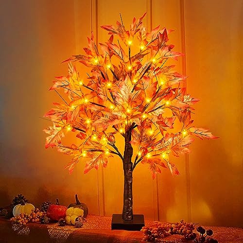 Remon 24 Inch Lighted Fall Maple Tree - 2FT Thanksgiving Tabletop Lamp Decor with 36 LED Lights, 72 Maple Leaves, 6 Acorns, Timer, Burlap Base, Battery Operated Fall Artificial Tree for Indoor - Image 5