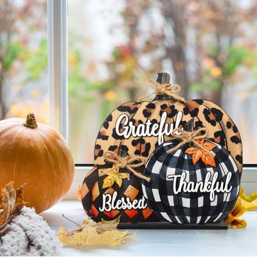 Soaoo Wood Fall Pumpkin Sign 11 Inch Blessed Grateful Thankful Centerpiece - Image 4