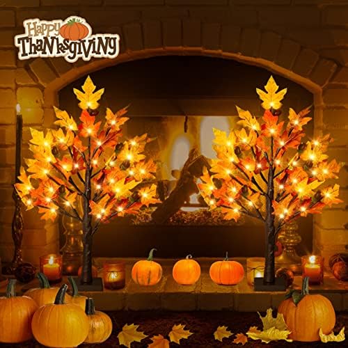 2Pack Fall Lighted Maple Tree - 2FT 36 LED Thanksgiving Decor Artificial Fall Lights, Battery Operated Tabletop Lamp with 6 Acorns, 6-Hours Timer, for Wedding Party Indoor Outdoor Autumn Decor… - Image 6