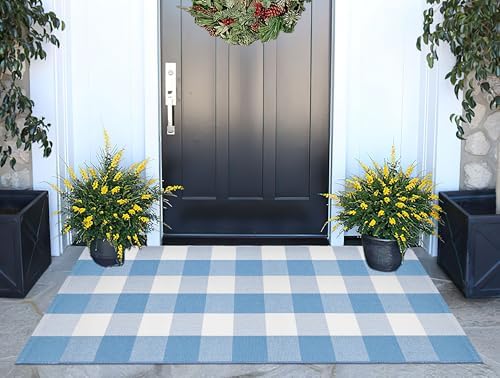 BUAGETUP Front Porch Rug 24"x51"Light Blue and White Washable Outdoor Rug by BUAGETUP