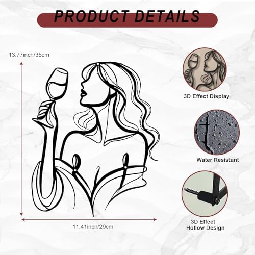 LIYAOLI Black Metal Wall Art Decor, 3D Woman Drinking Wine Sculpture for Bar, Kitchen - Image 3