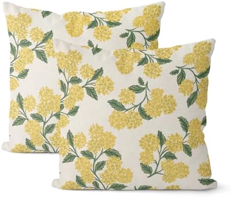 Mustard Yellow Outdoor Pillow Covers 24x24 Inch 2 Pcs Green Hydrangea Flower Decor Throw Pillows Spring Summer Seasonal Vintage Floral Decoration Pillowcase Linen Cushion Cover for Couch Sofa by DAFENA