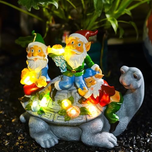 Upgraded Size Solar Garden Outdoor Statues Gnome Turtle Three Gnomes Having Party on Turtle with 7 LED Lawn Decor Outside Decorations for Patio, Balcony, Yard Ornament Unique Garden Gift - Image 6