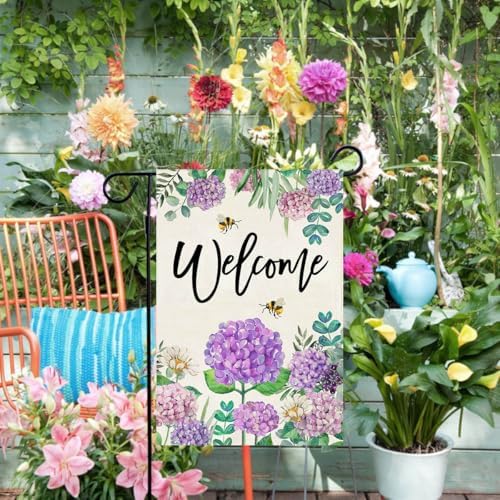 Baccessor Summer Hydrangea Garden Flag Double Sided 12x18 Inch, Purple Flower Floral Welcome Small Yard Flag Burlap Seasonal Farmhouse Yard Outdoor Decoration - Image 3