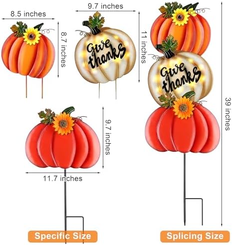 Fovths 39 Inches 3 Pieces Thanksgiving Metal Outdoor Fall Decorations, Giant LED Pumpkin Garden Lawn Patio Yard Signs, Metal Fall Waterproof Yard Sign for Home Thanksgiving Harvest Driveway Decor - Image 2
