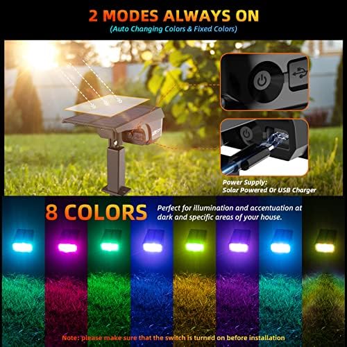 LEREKAM Color Solar Light Outdoor Waterproof Spotlights with 9 Light Modes, Color Changing Solar Outdoor Light for Halloween Decorations, Colored Spot Lights Auto On,Off, RGBW - Image 5