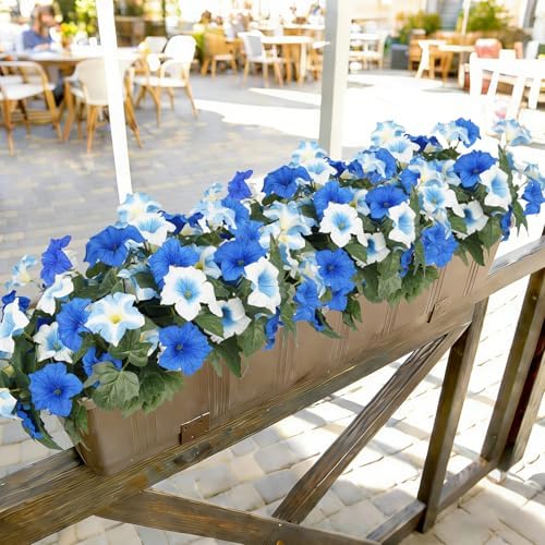 Artificial Flowers for Outdoors, Faux Petunias Spring Summer Decoration, Fake Flowers Plants UV Resistant Look Real Silk Flowers for Outside Planter Front Door Porch Patio Yard (6, Blue-White) - Image 6