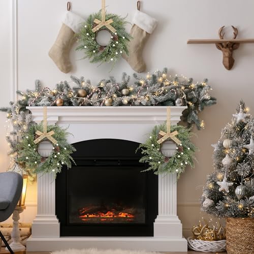 24 PCS Christmas Wreath Christmas Kitchen Cabinet Wreaths with Burlap Ribbon Mini Wreath Pine Garland Frosted Cedar Pine Cone Hanging Garlands Candle Rings for Front Door Window Chair Wall - Image 5