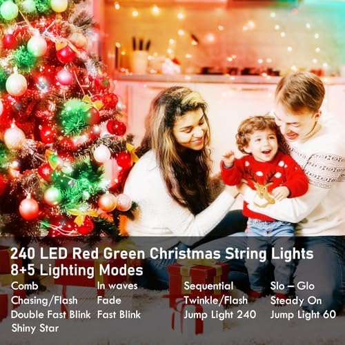 88FT 240LED Extra-Long Connectable String Lights Indoor Outdoor Clear Wire, Red&Green Christmas String Lights, Plug in Twinkle Fairy Light with Timer for Wedding Patio Tree Yard Christmas Decorations - Image 3
