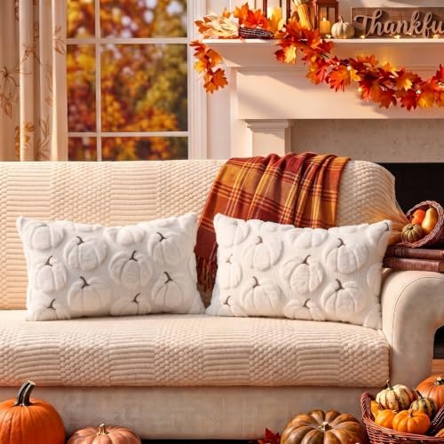 Fall Pillow Covers Pumpkin Fall Decor 12x20 Set of 2 White - Image 7
