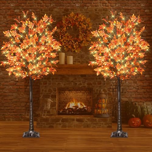 2 Pack 5FT 90LED Lighted Maple Tree - Thanksgiving Decor Artificial Tree with 9 Acorns 180 Leaves, Remote 8 Flashing Modes, Timing, Fall Tree for Outdoor Wedding Party Autumn Decor - Image 6