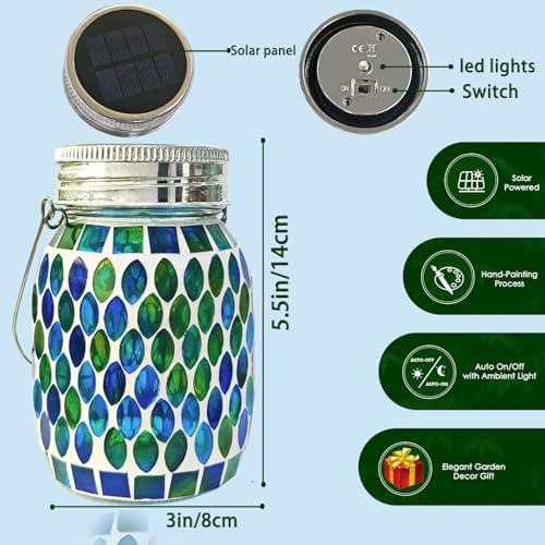 Solar Mosaic Glass Solar Hanging Lantern, Waterproof Outdoor Garden Light - Image 5