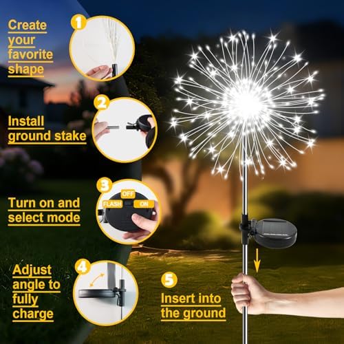 Solar Garden Lights Outdoor, 2 Pack 120 LED Twinkling Firework Lights Decorative with 2 Modes, Outdoor Waterproof Solar Starburst Light for Yard Pathway Planter Patio Decor, White - Image 6