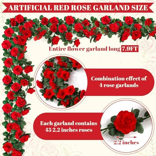 4Pack 31.6FT Red Rose Artificial Flowers Garlands for Wedding Arch Decor - Image 2