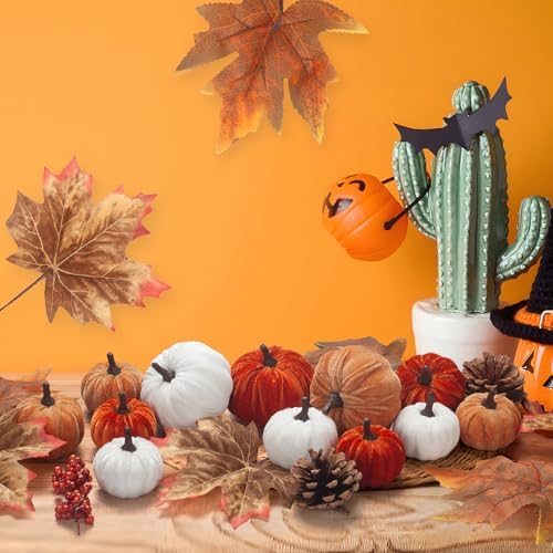 21 PCS Fall Artificial Velvet Pumpkins Set, Fake Fabric Pumpkin Faux Foam Pumpkins, Orange Khaki White Pumpkin Decorations for Fall Harvest Thanksgiving Farmhouse Mantel Centerpiece - Image 6